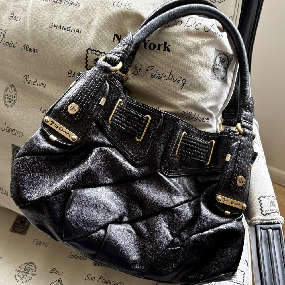 Y2K Juicy Couture Black Genuine Leather Pleated Hobo Shoulder Bag Gold‎ Hardware